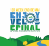 Logo for a May weekend event with a sun icon, stylized blue/green text, and green hillside illustration.
