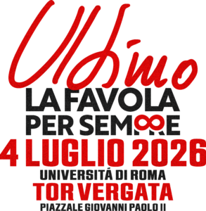 Graphic poster with a large red cursive word across a black background, overlaid by gray uppercase text that reads Università di Roma and Tor Vergata, creating a bold typographic design.