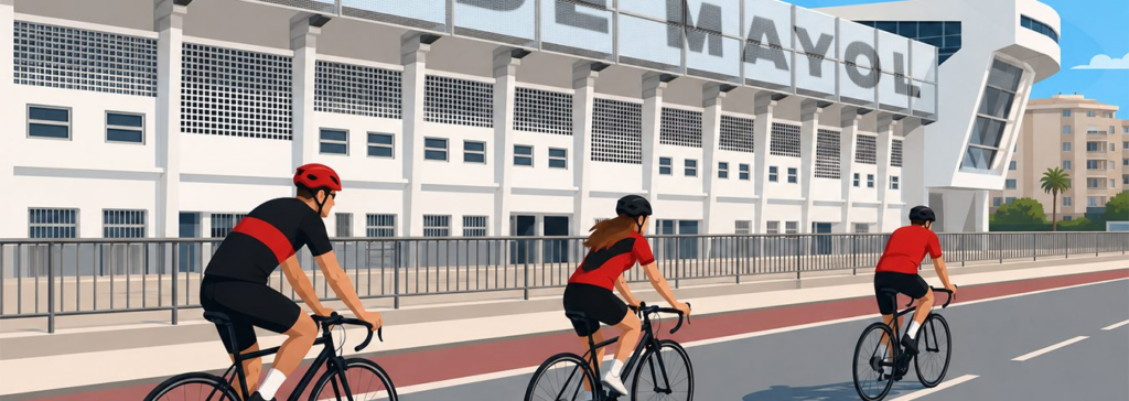 Three cyclists in red and black outfits ride along a wide street in front of a modern stadium on a sunny day.